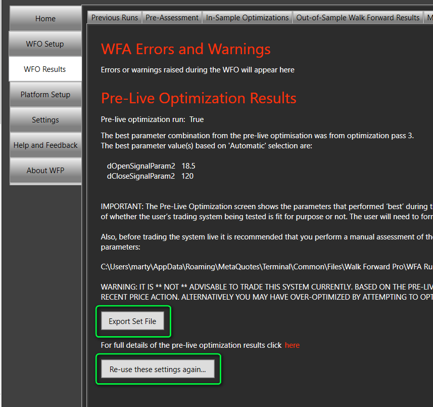 Pre-live Screen Export .set File