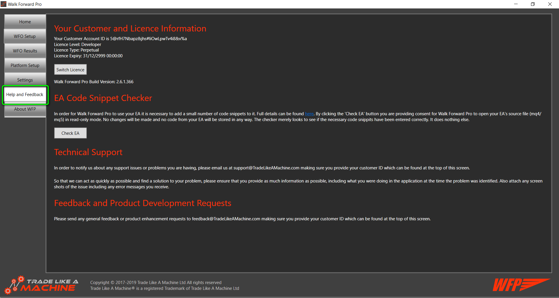 Walk Forward Pro Help and Feedback Screen Walk Forward Pro Help and Feedback Screen