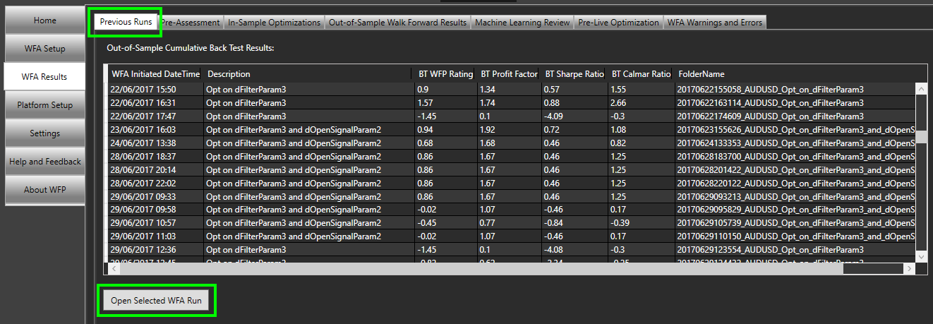 Open Previous Walk Forward Analysis Tests Open Previous Walk Forward Analysis Tests