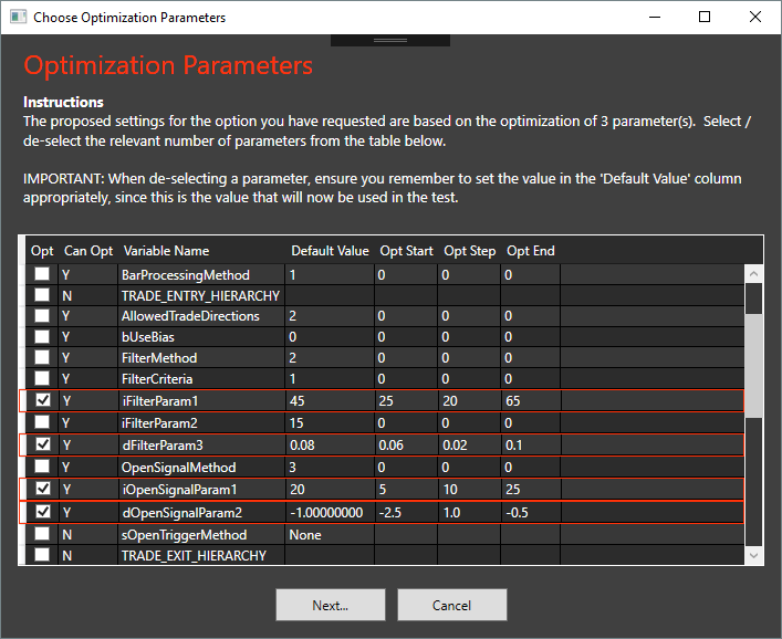 Optimization Parameter Values Selection Optimization Parameter Values Selection